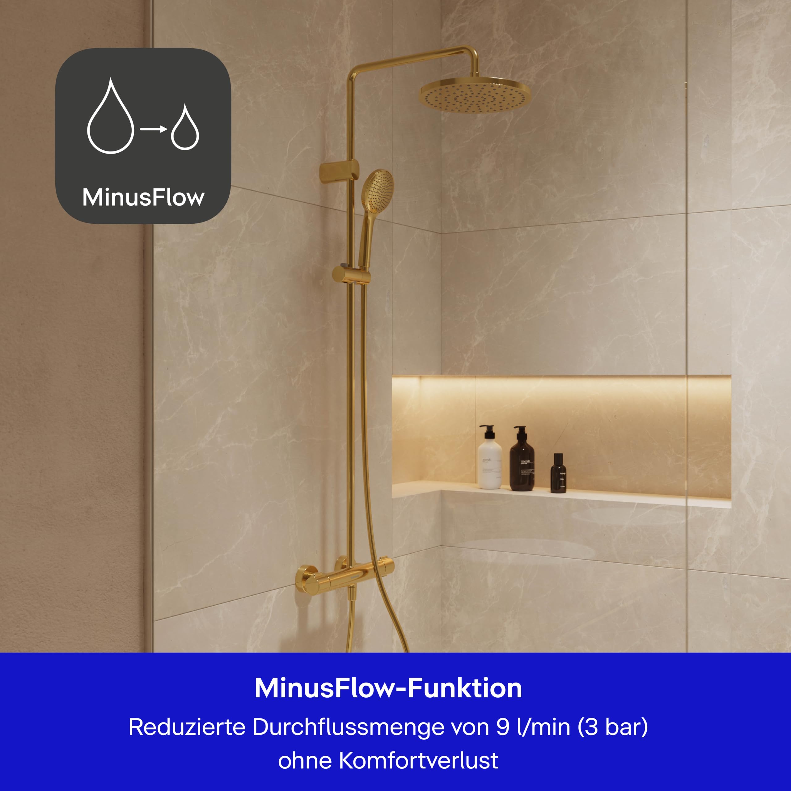 Duravit Duschsystem, Duschkopf mit 3 Strahlarten, Gold Poliert