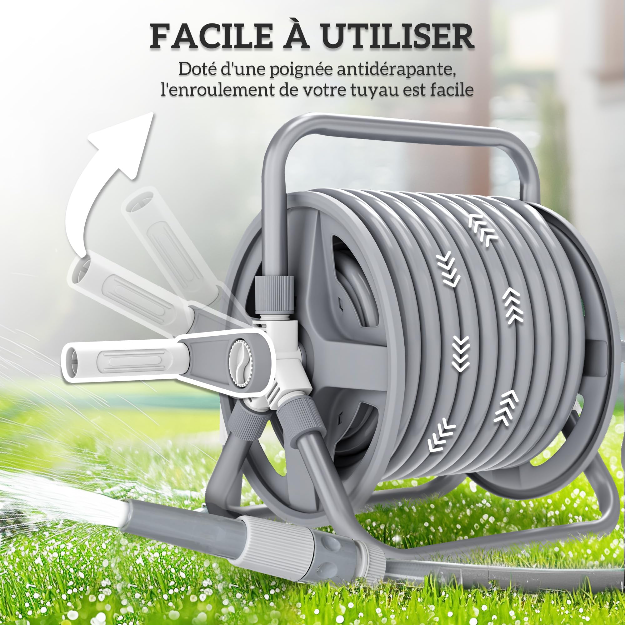 Outsunny Avvolgitubo da giardino con 20 m e tubo di ingresso da 2 m, da appoggiare o fissare a parete, ugello di spruzzatura regolabile 2 in 1