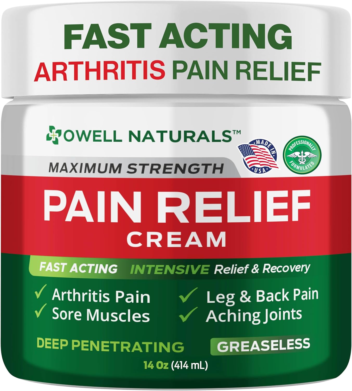 Owell Naturals Deep Penetrating Pain Relief Cream– Maximum Strength Formula for Joints & Muscles – Fast-Acting Comfort for Back, Knees, Hands, Legs & More, 14 oz