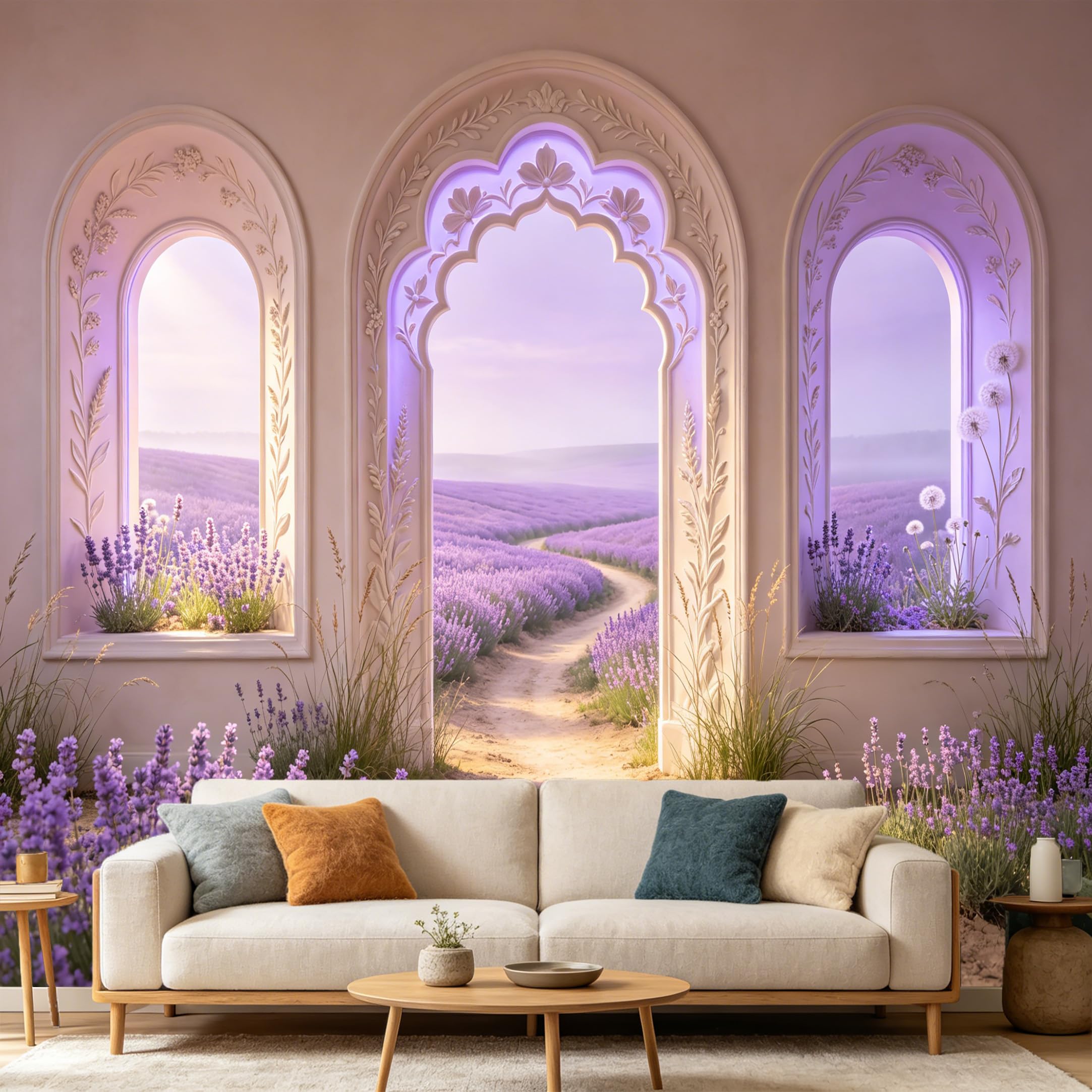 Custom Size Wall Mural， 3D Trompe L'Oeil Provence Lavender Field Archway Landscape， SelfAdhesive Art Prints wall Fabric Removable Large Wallpaper Home Living Room Decor