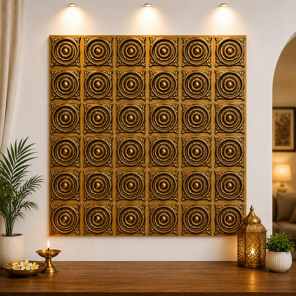 SATYAM KRAFT 9 Piece Ganpati Bappa Backdrop, janmashtami Decor | Wall Panels (9 pcs set) | 30 × 30 CM Each Panel | 90 × 90 CM DIY Mandap Background | 9 Panels | Includes Double-Sided Tape (Golden)-image-23