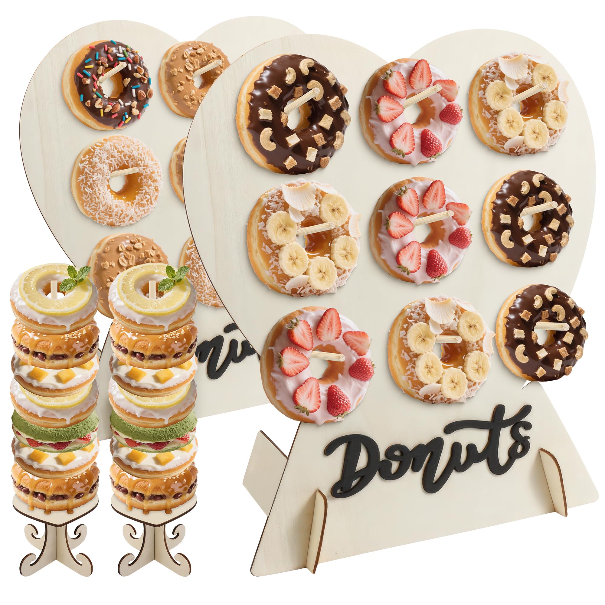 Bettoor 4 Pack Donut Wall Display Stand - 9 Doughnut Heart Shape Holder Board with 2Pcs Donut Tower Stand for Grow Up Party, Birthday, Wedding