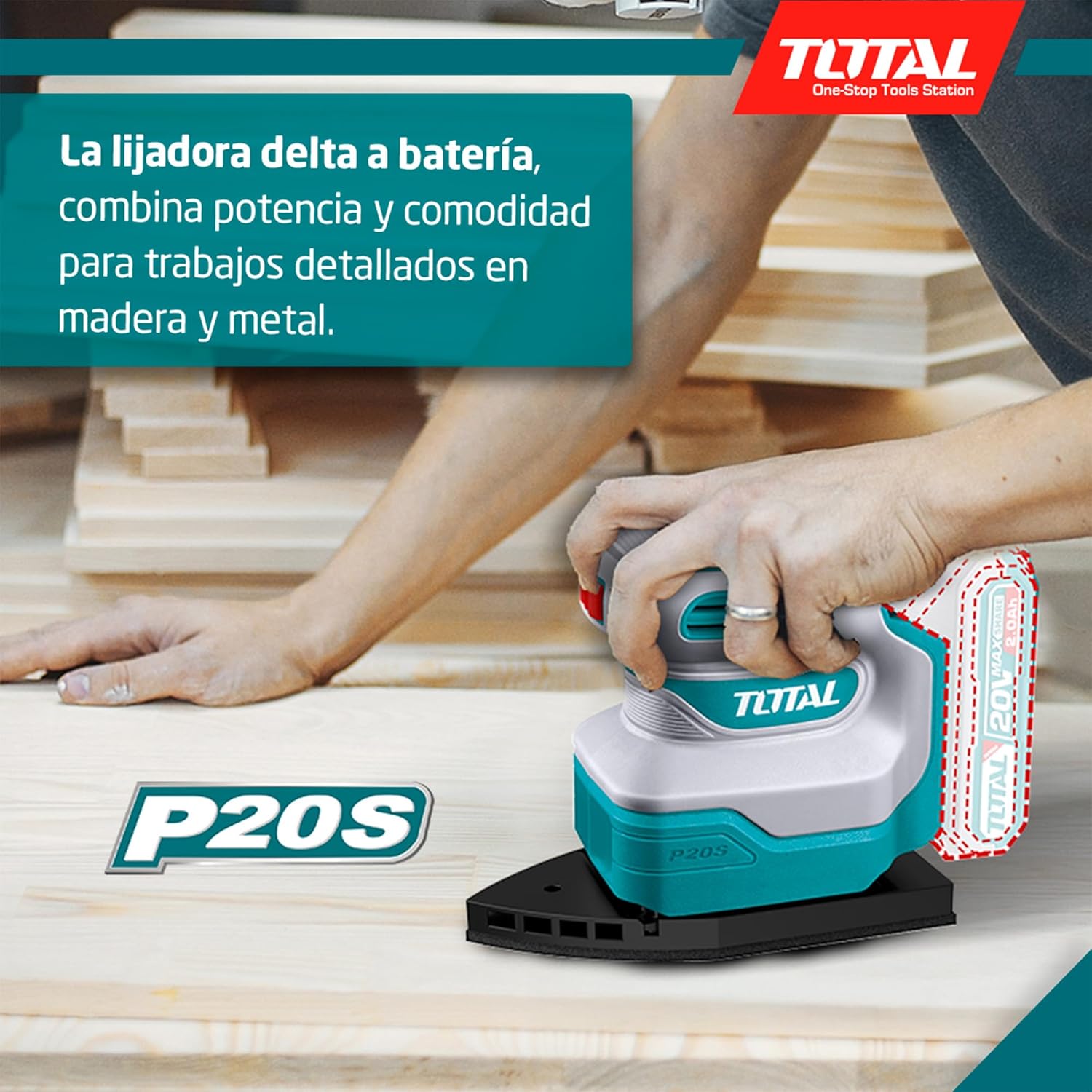 User using the TOTAL Delta Cordless Sander for precise work