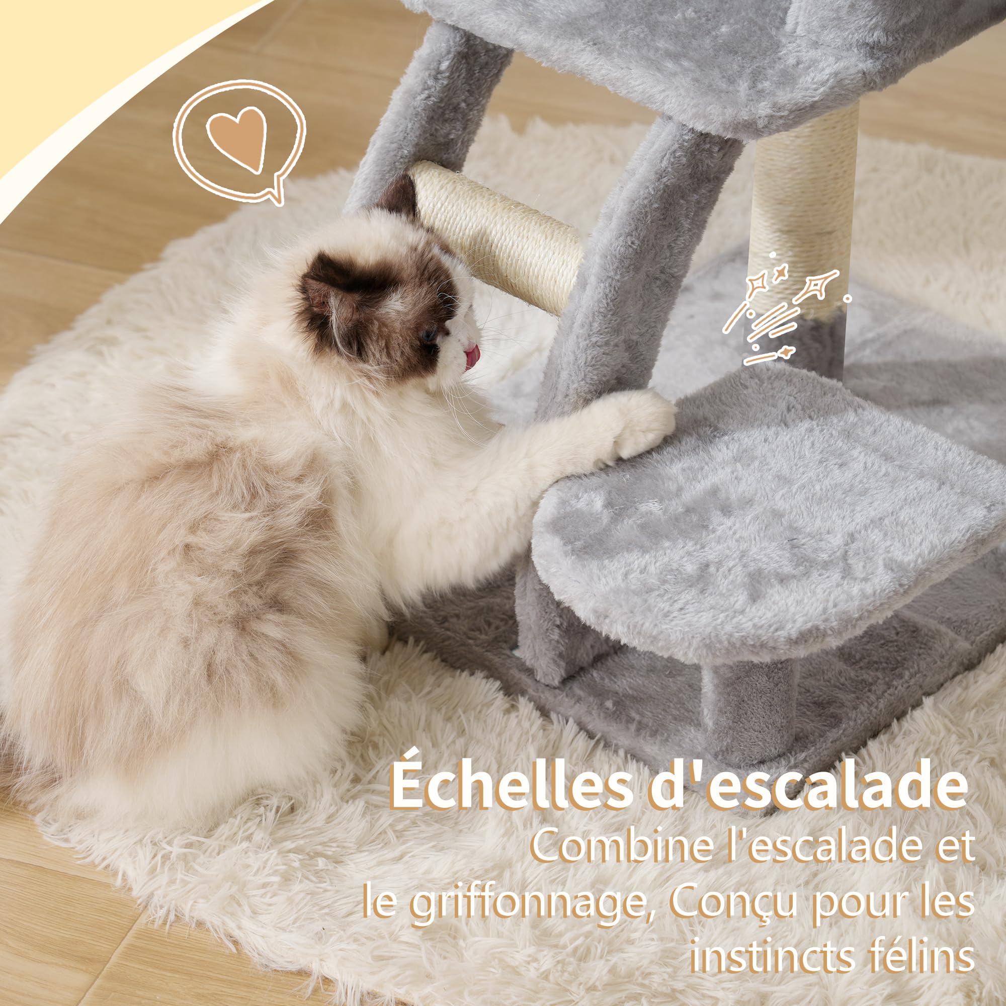 Heybly Arbre à Chat, Petit Griffoir pour Chat de 75 cm de Hauteur avec Plateforme Supérieure, Tanière, Hamac, Échelle d'escalade, Jouets Félins, Meuble pour Chats, Gris Clair HCT009SW