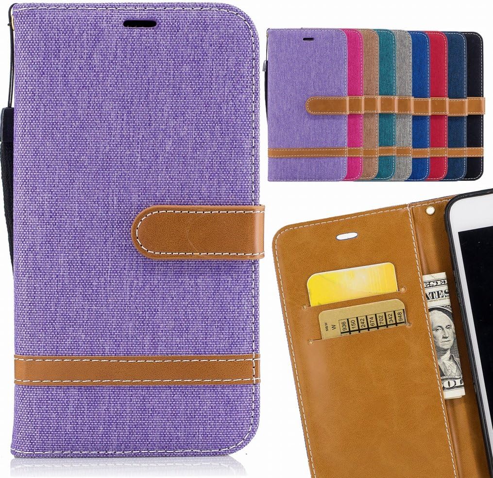LEMORRY for Apple iPhone 6s Plus 5.5 Case Leather Flip Cover Wallet Pouch Soft TPU Slim Fit Bumper Stand Protective Magnetic Strap with Card Slot, Denim Style Purple