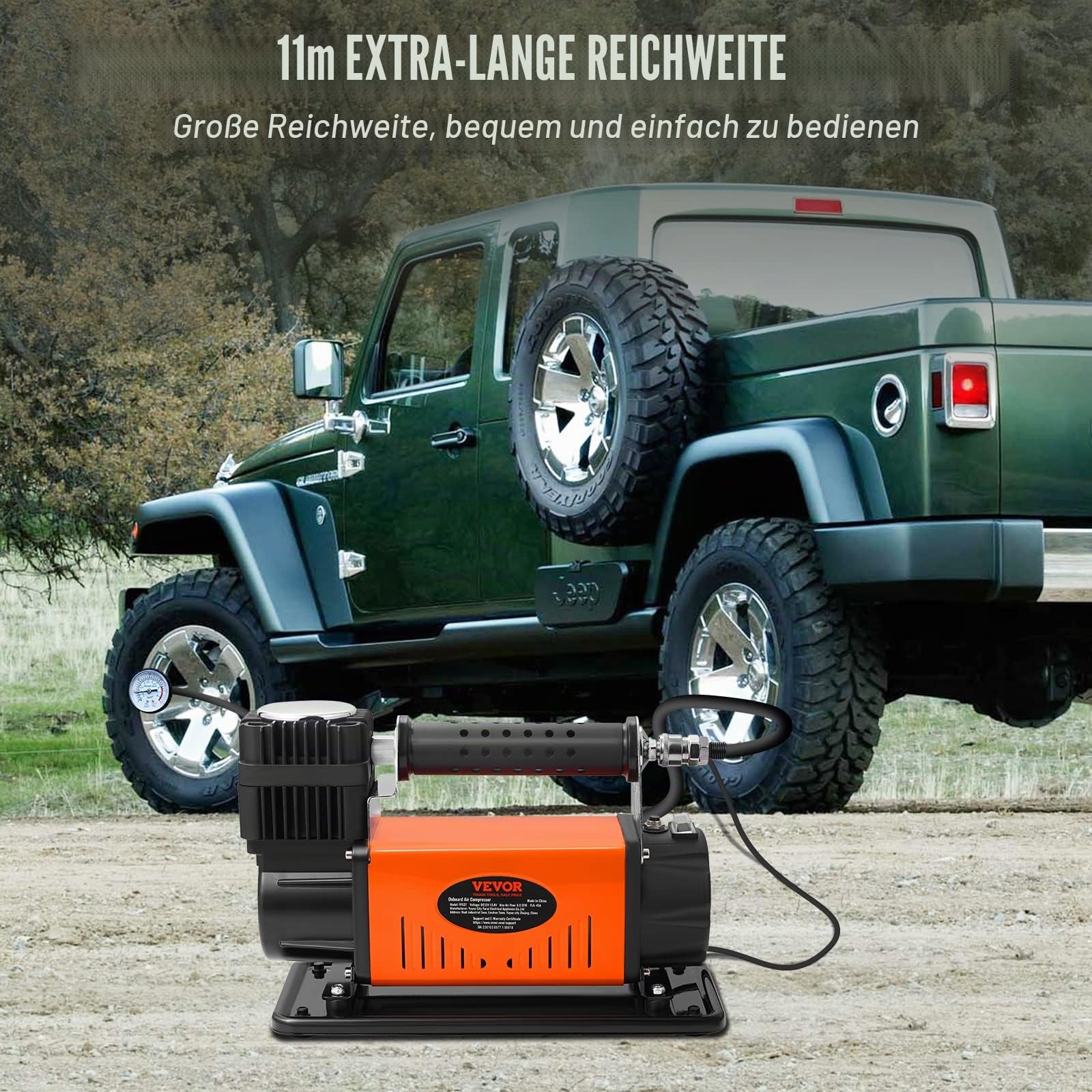 VEVOR 12V Auto-Kompressor 150PSI Luftkompressor 6CFM(170L/Min) Auto Reifenfüller mit Wärmeschutz Luftpumpe inkl. 3m Netzkabel und 6m Luftschlauch Ideal für LKW SUV RV Schlauchboote usw.