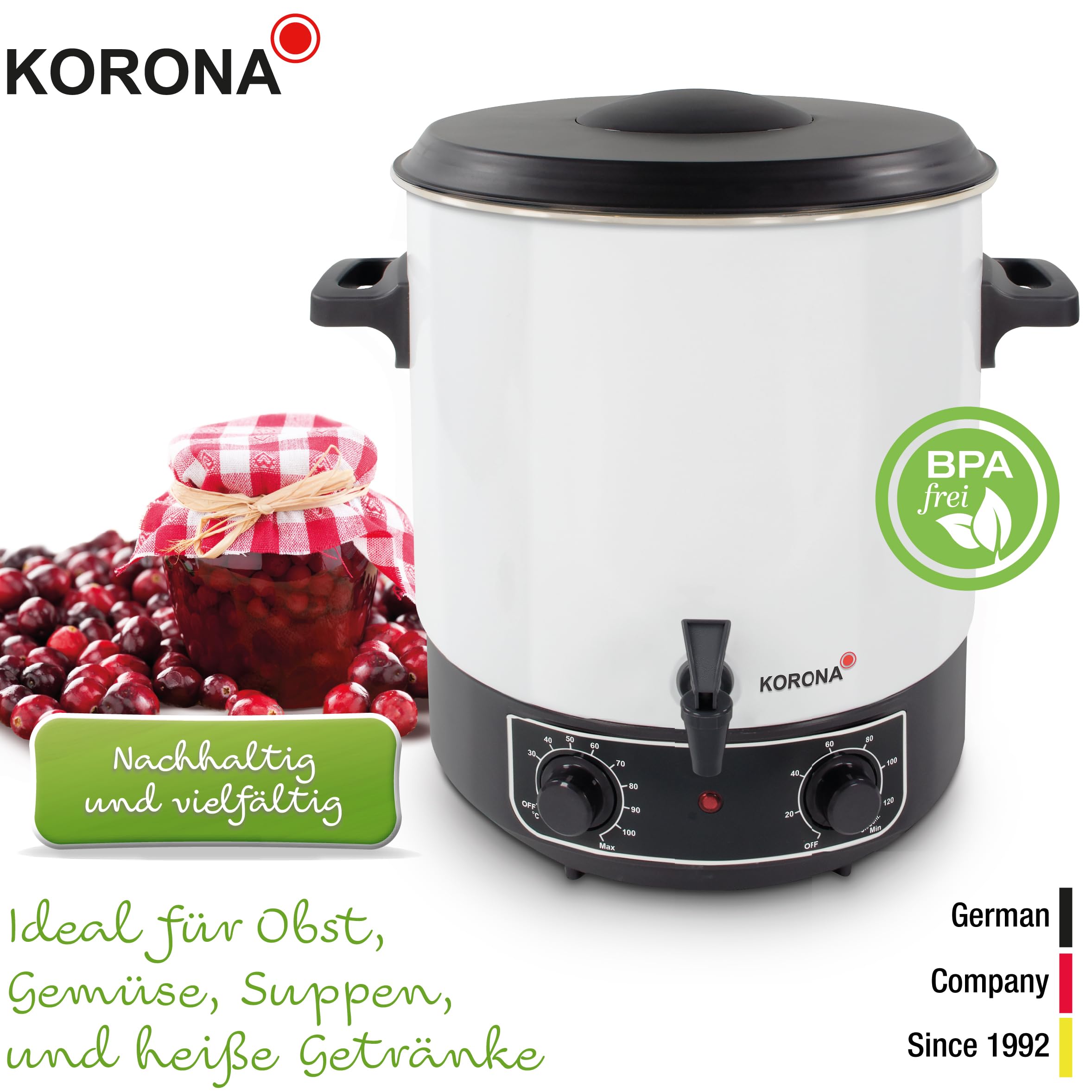 Korona 48100 | 2 in 1 Einkochautomat und Heißgetränkespender mit Timerfunktion | 1800 Watt | 27 Liter | Praktischer Ablasshahn | Inkl. Einlegegitter, Weiss