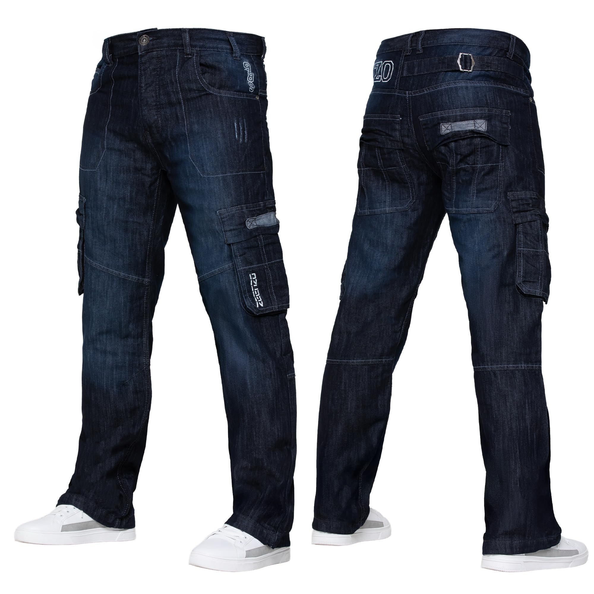 989Zé Enzo Men's Dark Blue Cargo Combat Jeans Casual Cotton Denim Straight Leg Pants Trousers 42W / 32L