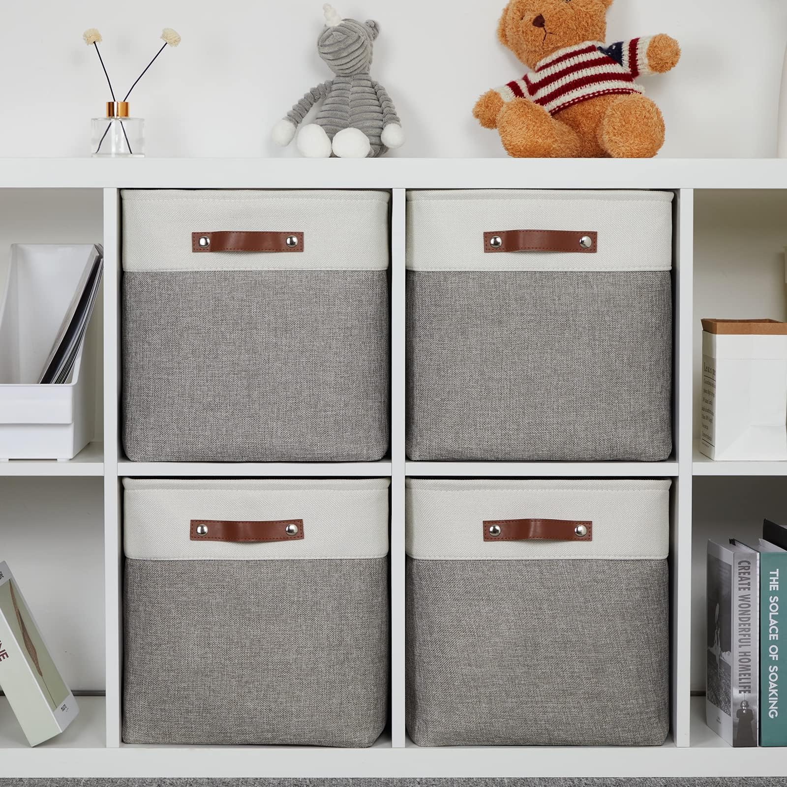 Boîte de Rangement en Tissu 33x38x33cm, Lot de 4 Paniers de Rangement Cubiques Pour Armoire, Étagère, et Vêtements, Gris&Blanc