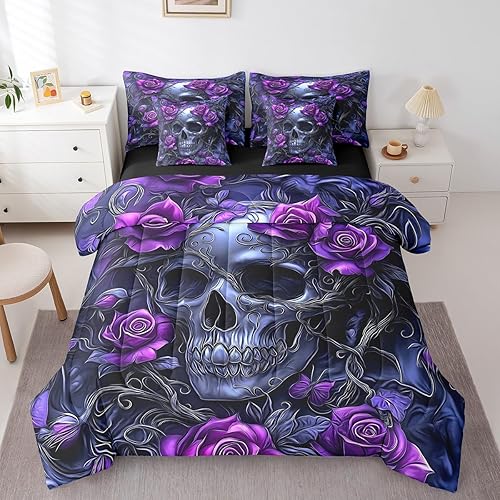Erosebridal Queen Comforter Set 7 Pieces,Romantic Rose Reversible Bed in a Bag Queen,3D Skull Queen Bedding Set,Valentine Comforter, Flat Sheet, Fitted Sheet, Pillowcases, Cushion Covers - Purple Black - Queen
