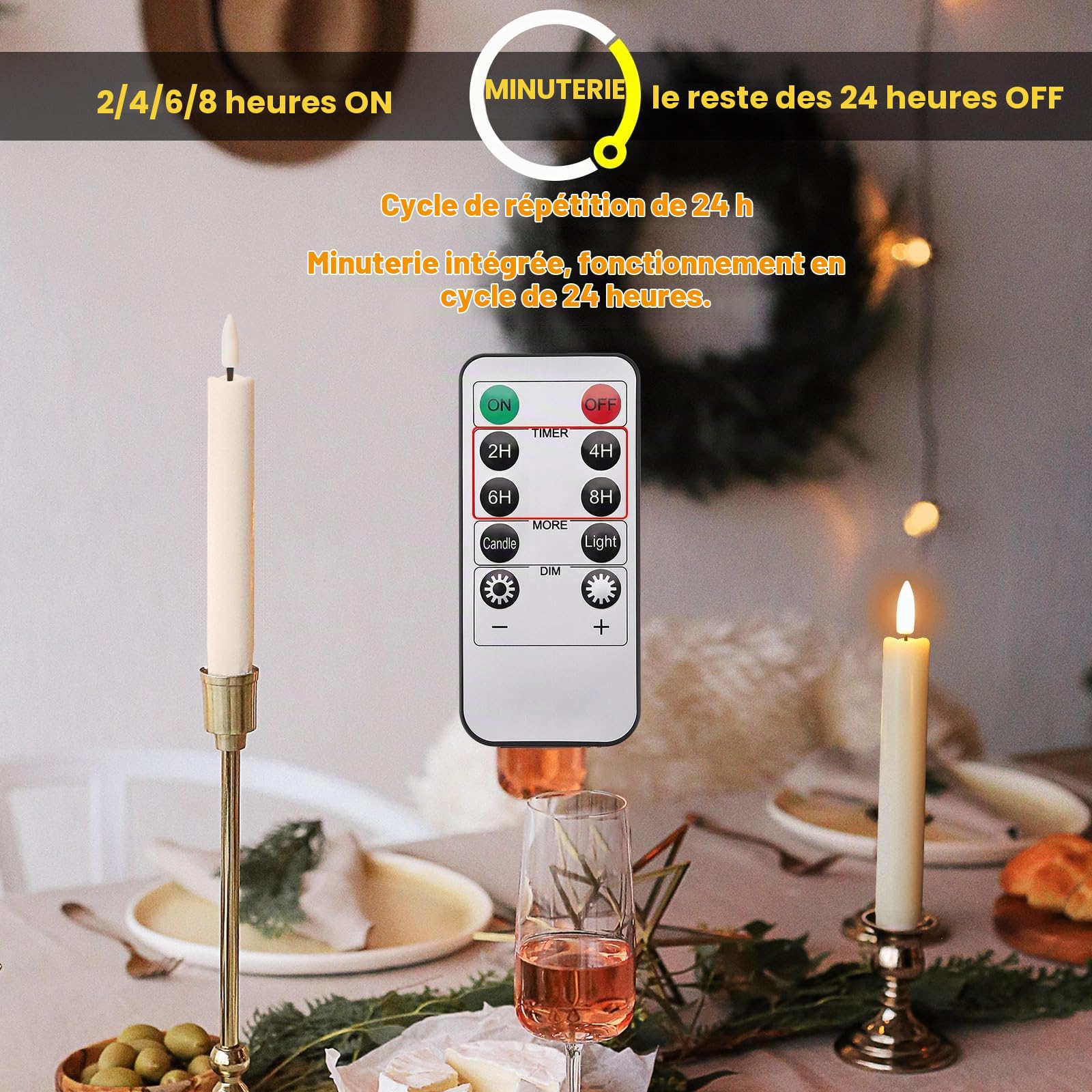 IMAGE Lot de 12 bougies coniques sans flamme avec télécommande, mèche 3D rechargeable, couleur ivoire avec minuterie, ligne de pêche de 100 m, décoration d'intérieur, mariage, anniversaire, Noël