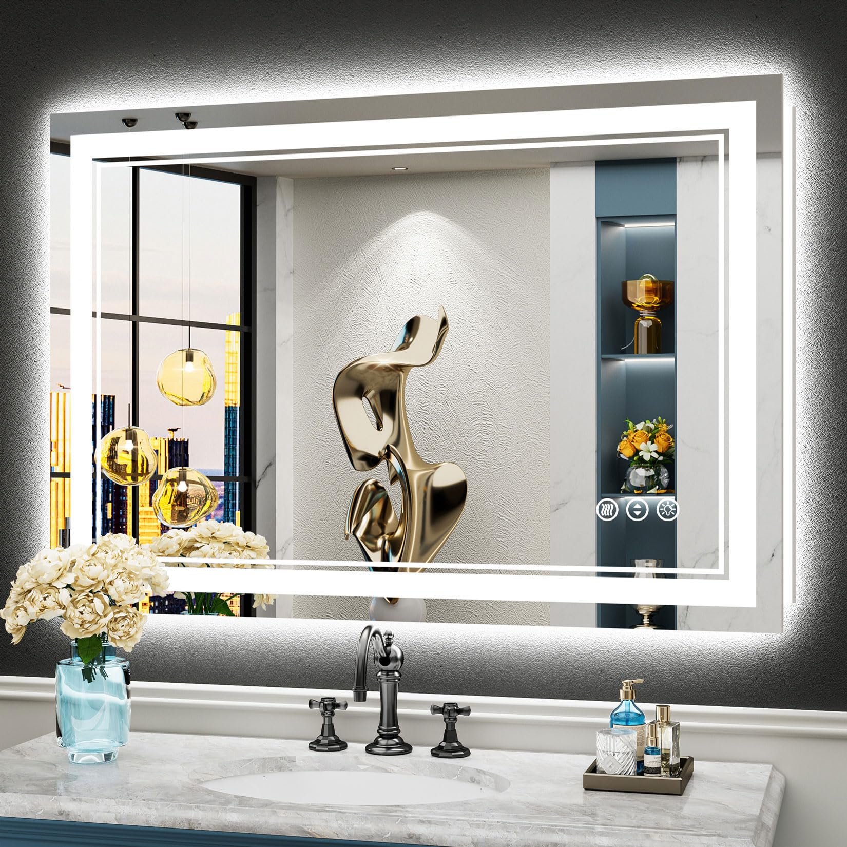 40x28 LED Bathroom Mirror with Lights, Backlit and Front Lit Anti-Fog Lighted Vanity Mirrors for Bathroom Wall, Dimmable, 3-Color Light, Memory, Shatter-Proof, HD Tempered Glass, CRI＞90
