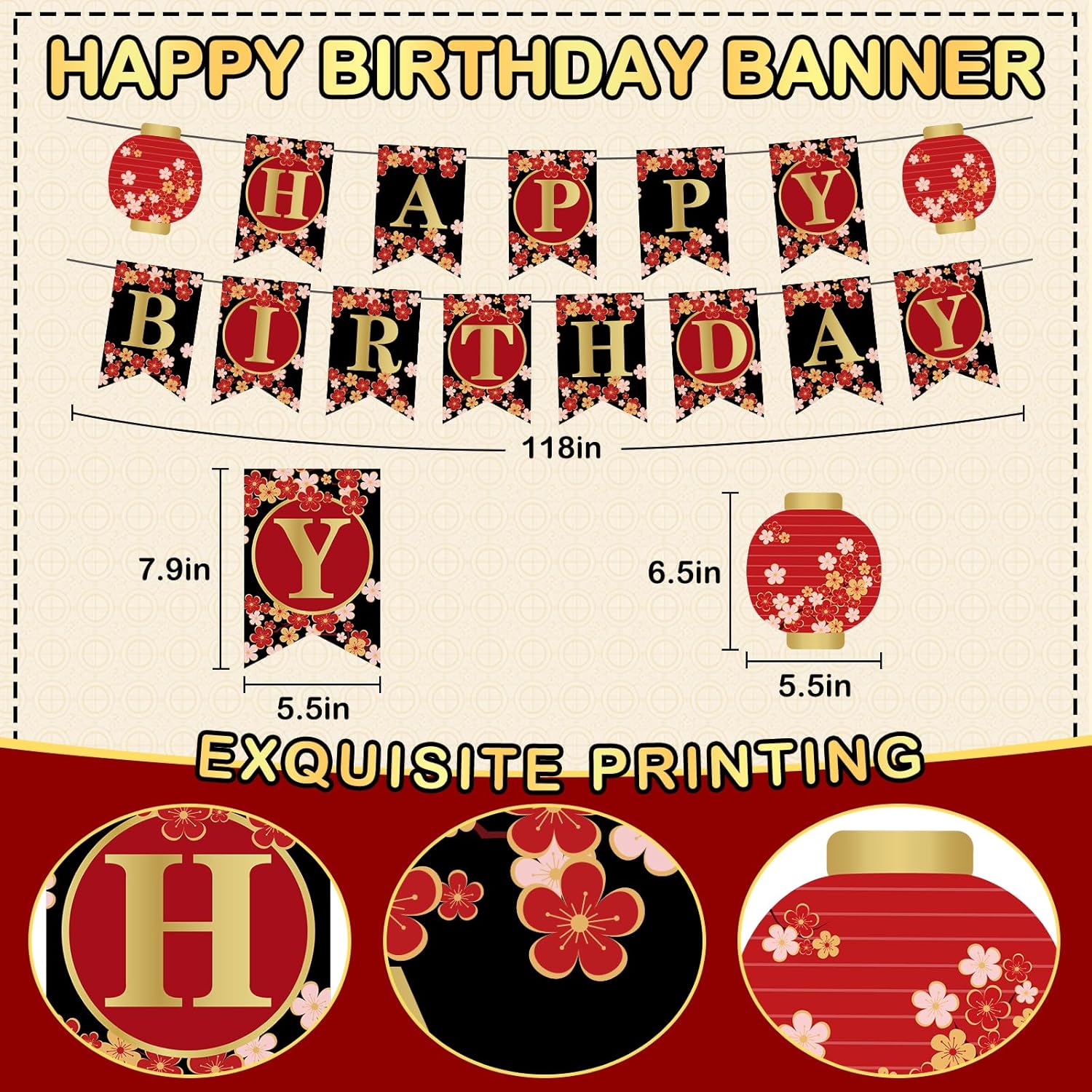 14Pcs Hibachi Party Decorations, Japanese Lanterns with Cherry Blossom Patterns Tissue Paper Pom Poms Round Paper Fans Happy Birthday Banner Set for Hibachi Japanese Party Decorations