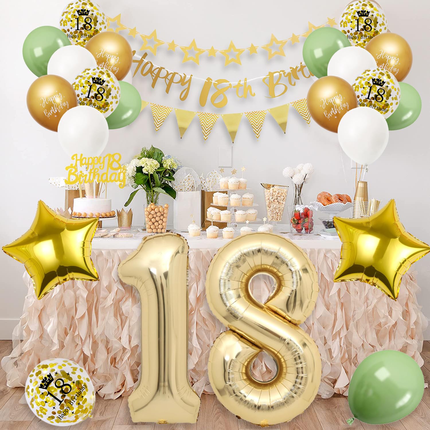 Decoración Cumpleaños 18 Años – Guirnalda Banderines Oro Y Verde, Pancarta Happy Birthday, Fiesta