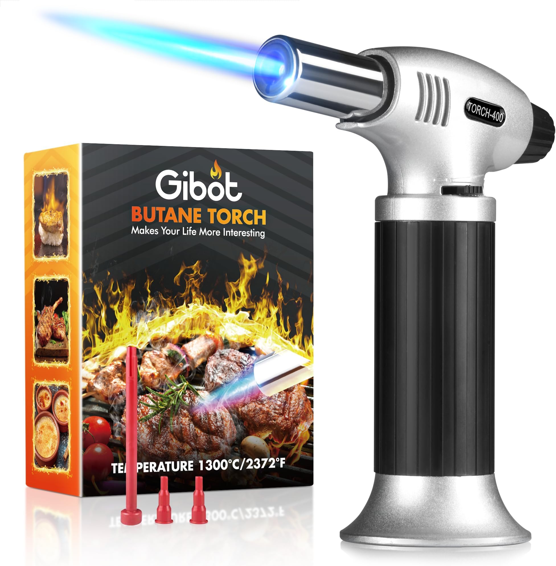 GiBot Blow Torch Lighter Kitchen Butane Culinary Torch Chef Cooking Torch Refillable Adjustable Flame Lighter with Safety Lock for DIY, Creme, Brulee, BBQ and Baking, Butane Gas Not Included,Black