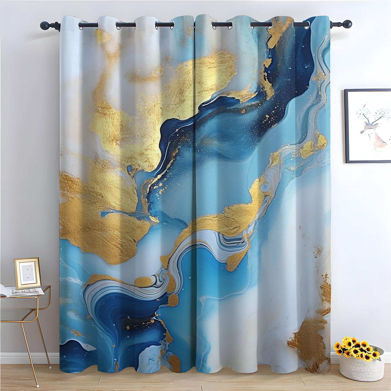 Rideaux occultants bleu et or motif abstrait H140xL110 cm