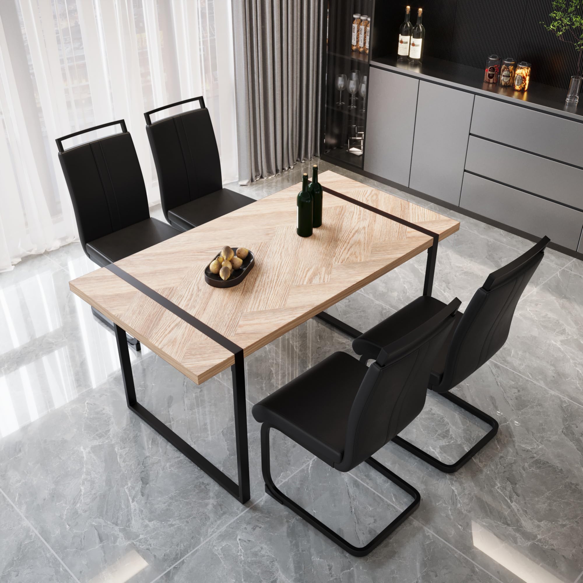 YYQ Dining Table Set for 4, 59'' Wooden Kitchen Table and Chairs Set for 4, Modern 5 Piece Dining Table Set with 4 Faux Leather Dining Chairs and MDF