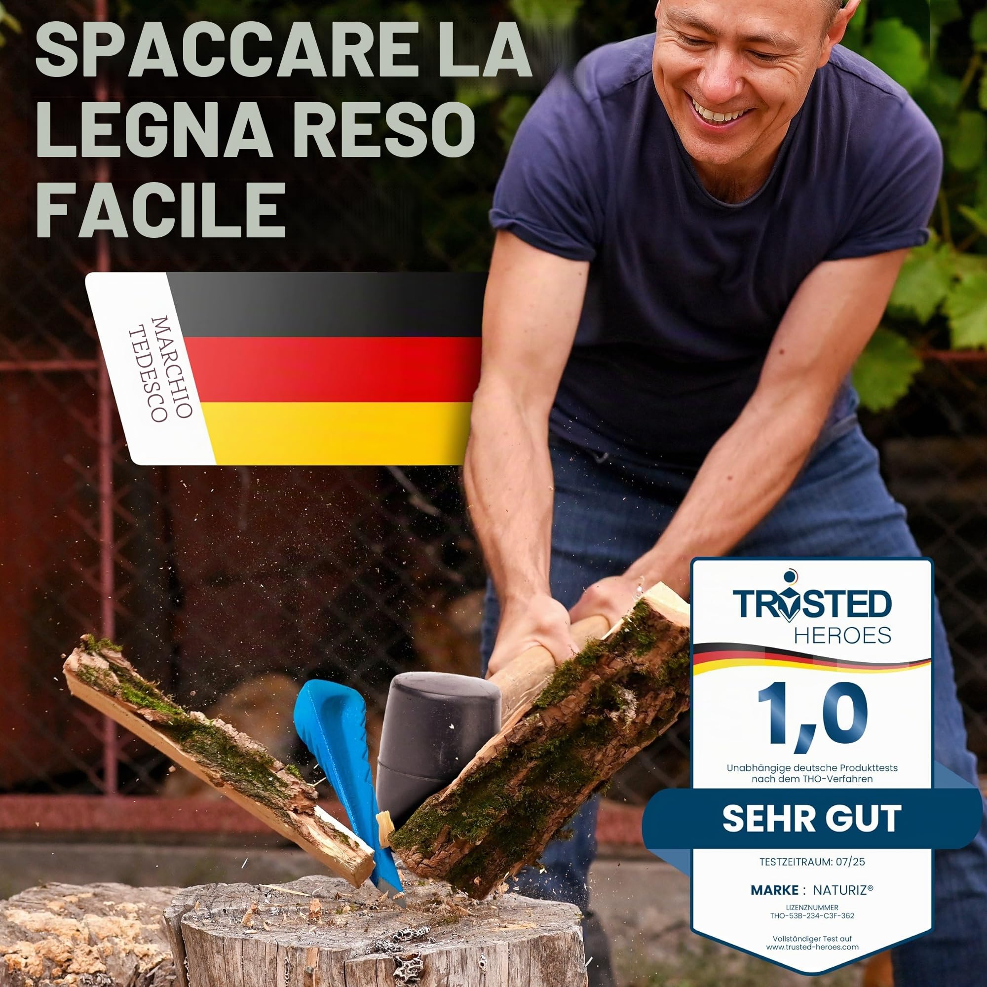 NATURIZ cuneo professionale per legno con custodia e cappuccio protettivo, cuneo girevole affilato per spaccature