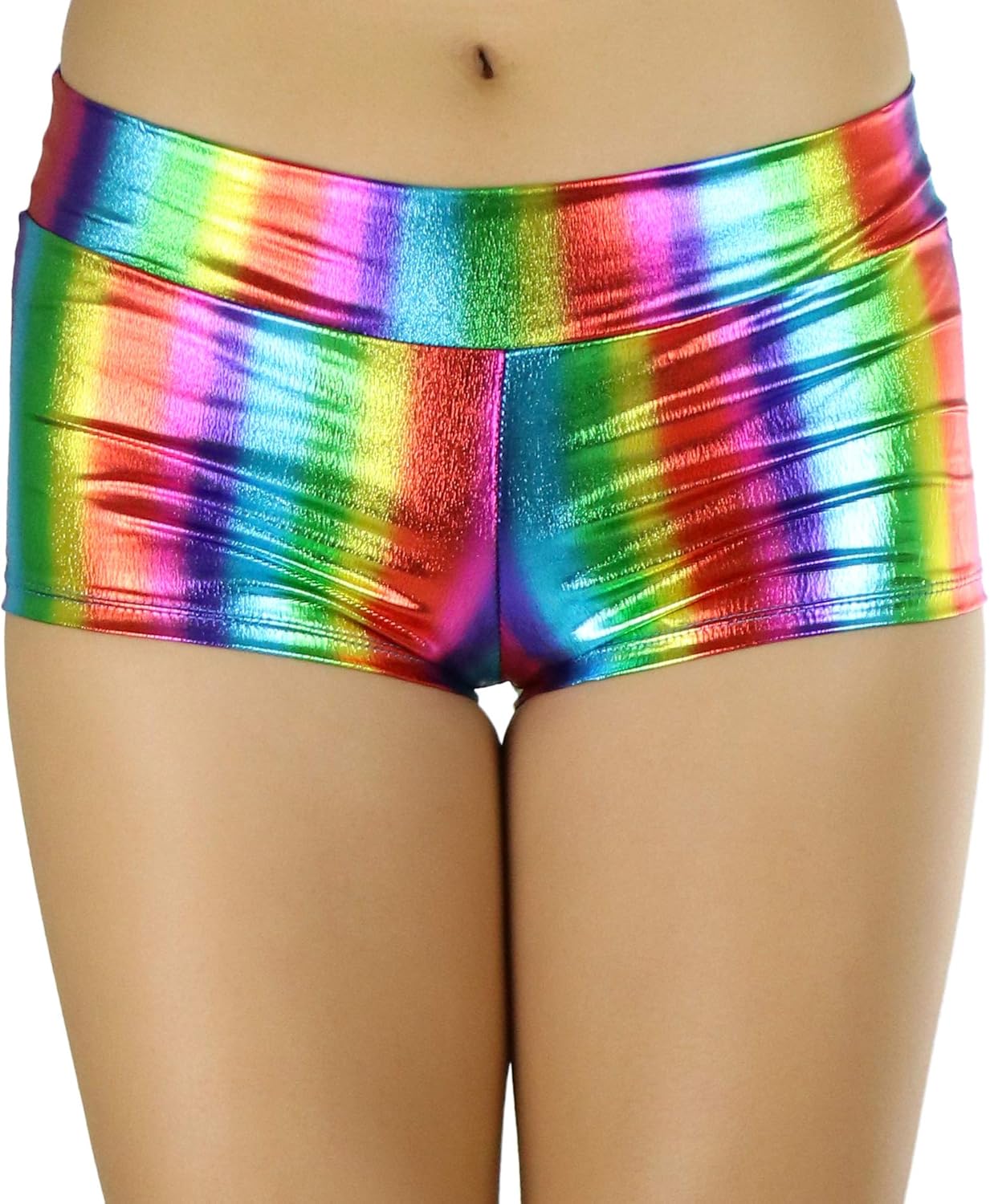 ToBeInStyle Women's Seamless Polyester Metallic Plus Size Mini Booty Shorts - Rainbow - One Size