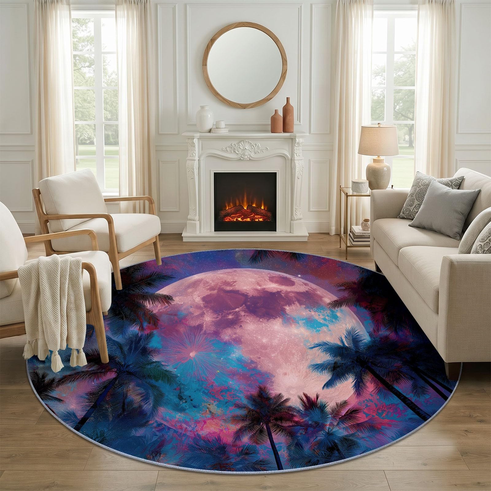 Tapis Rond 150 cm, Tapis Psychédélique Lune Étoiles Arbres Lavable en Machine pour Salon - Cercle antidérapant - Multicolore imprimé pour Salle à Manger Chambre d’Enfant nurserie