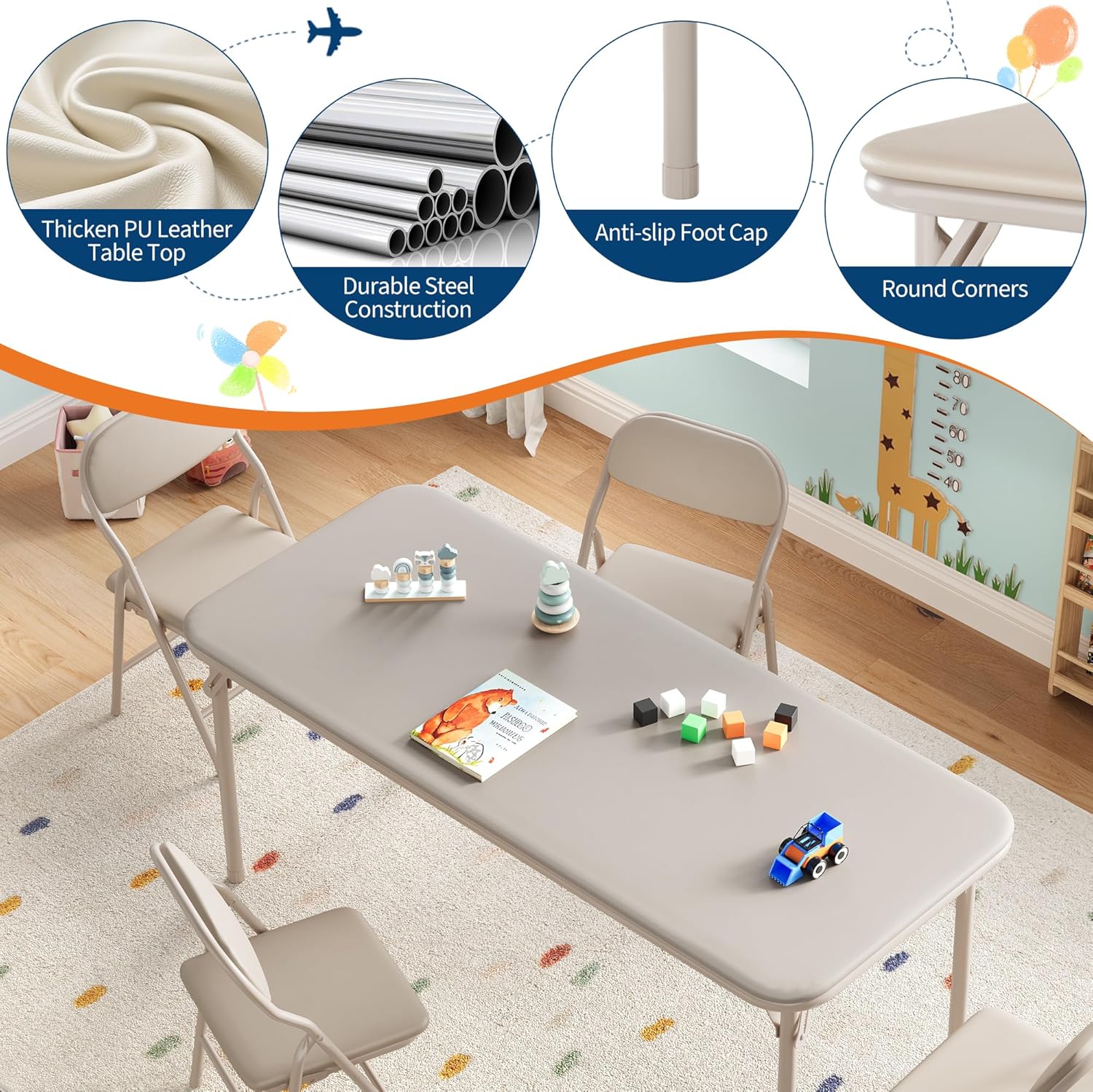 GarveeHome 5-Piece Kids Folding Table and Chairs Set, Toddlers Children's Activity Table and Chairs Set for Dining Room, Daycare, Classrooms