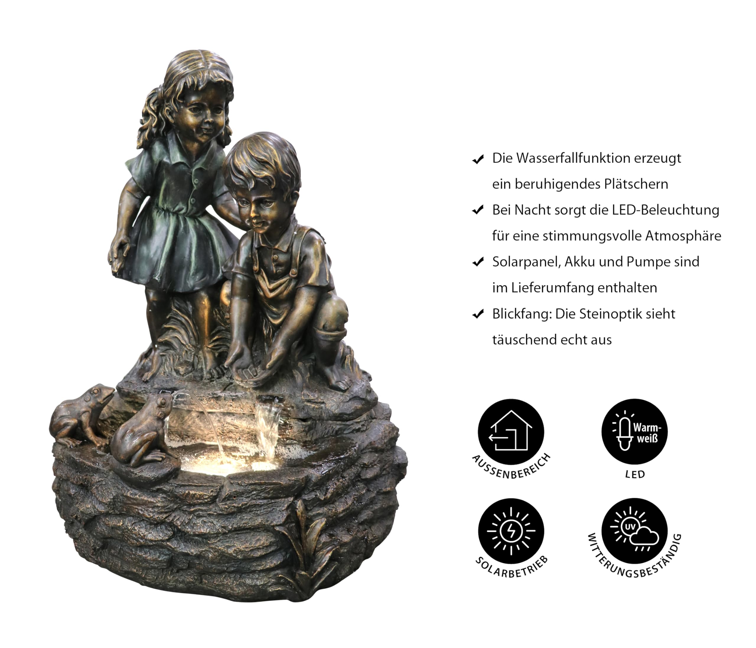 Dehner Gartenbrunnen Amici, Solarbrunnen frostbeständig, Brunnen für Außen, mit LED Beleuchtung, ca. 66 x 48 x 39 cm, Polyresin, Bronze