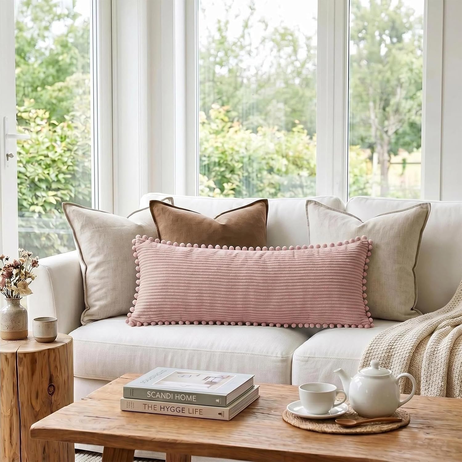 Fancy Homi 1 Pack Blush Pink Lumbar Body Decorative Throw Pillow Covers 14x36 Inch with Pom-poms for Couch Sofa Bed, Farmhouse Boho Rustic Decor, Soft Corduroy Rectangle Solid Pillow Case 35x91 cm image 2