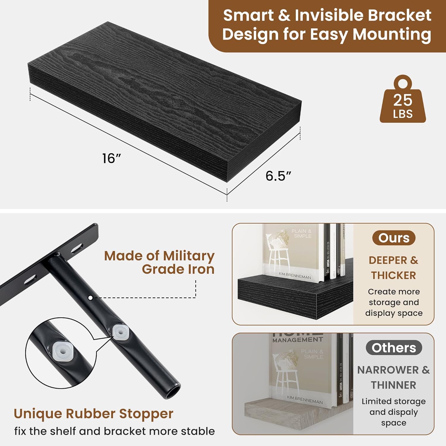 fuqing Floating Shelves for Wall, Wall Mounted Wood Floating Shelf with Invisible Brackets for Living Room, Bathroom, Bedroom, Kitchen Storage and Decor, 16 Inch Set of 2, Black