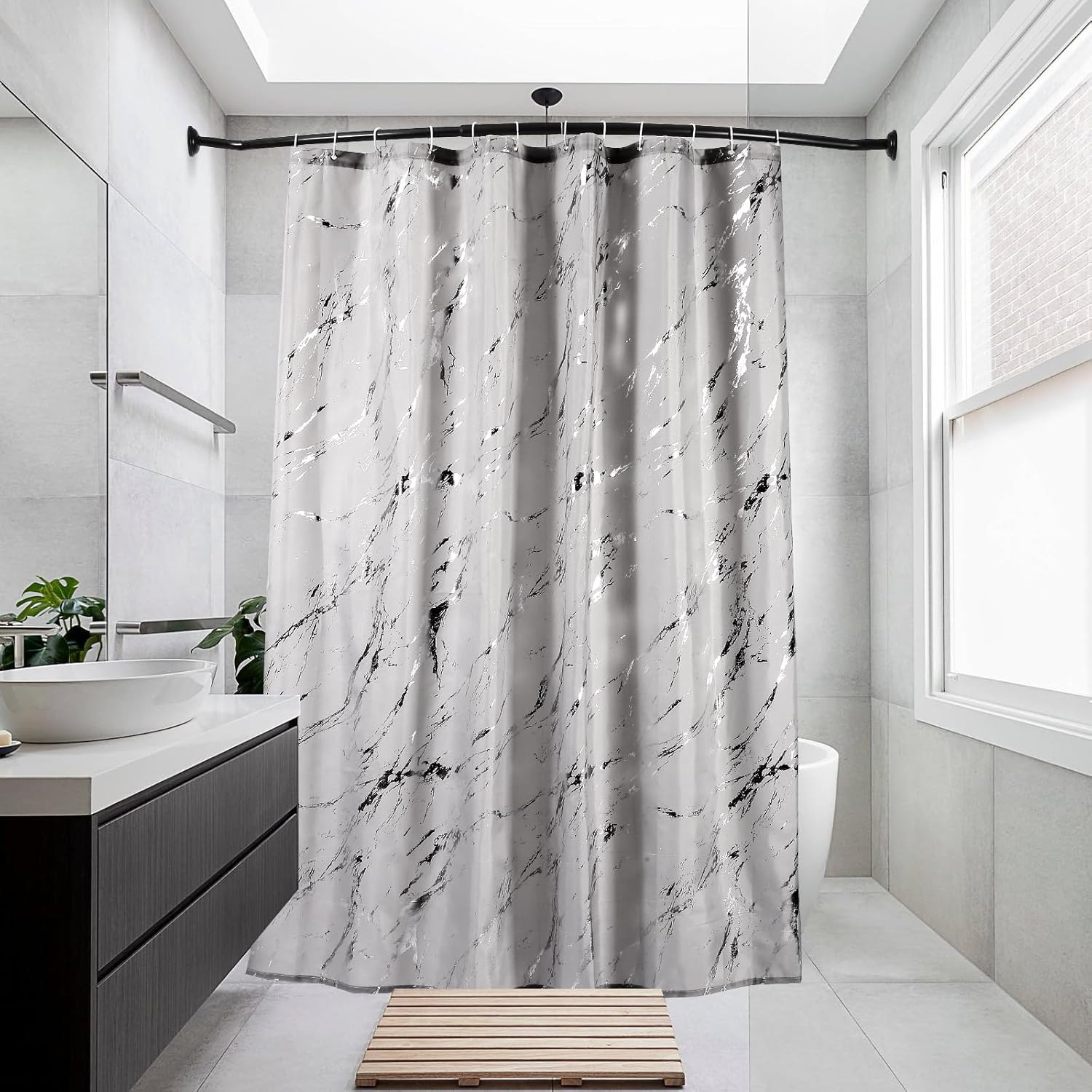 Adjustable Black Curved Shower Curtain Rod, 42-72 Inches Shower Curtain Rod for Bathroom and Bathtub, Extra Space Rustproof Expandable Stainless Steel Shower Rod Wall Mounted, Need to Drill
