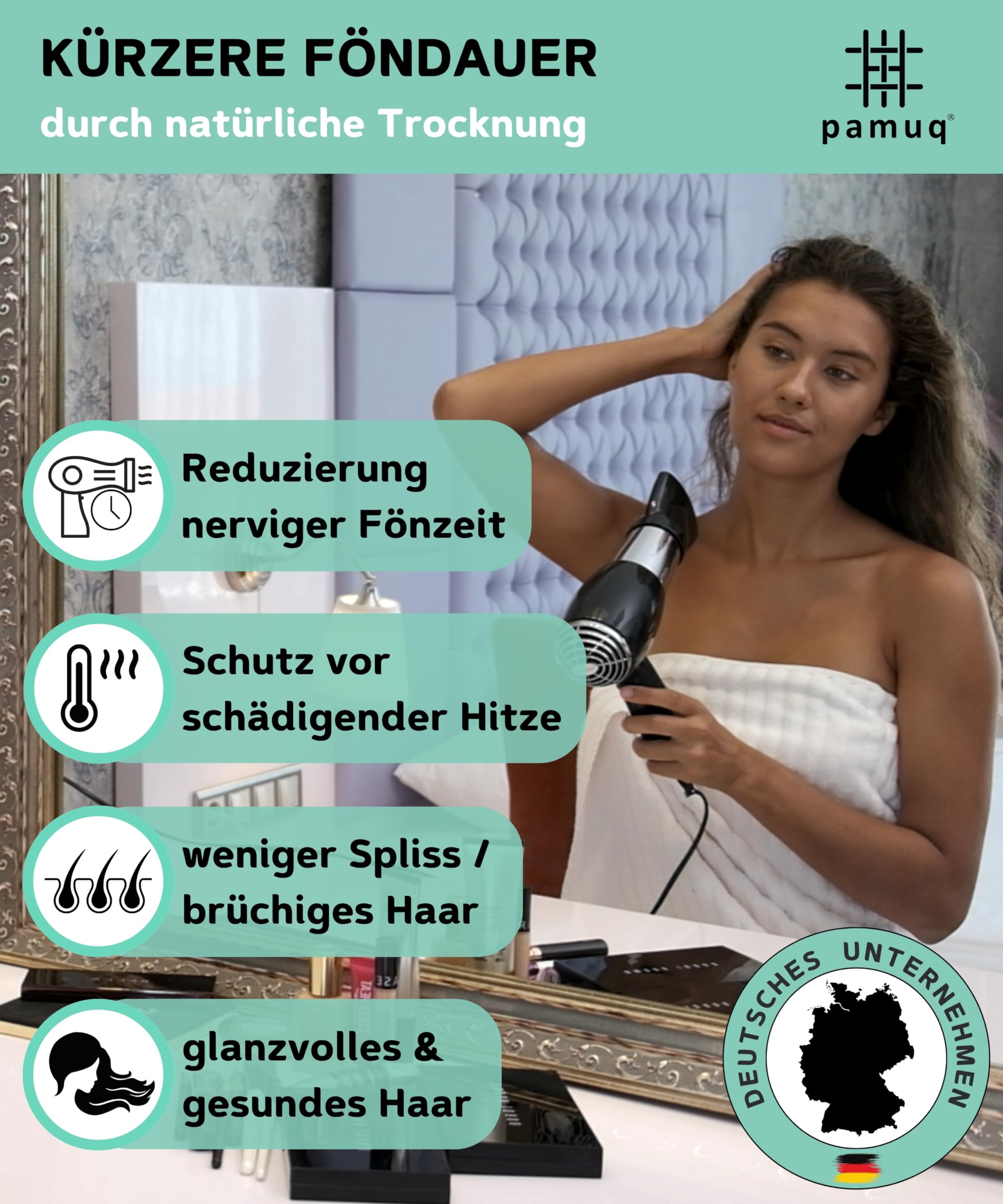 Haarturban aus 100% Baumwolle (Hellblau) – 2er Set Haarhandtücher mit Knopf, schnelltrocknendes Haartrockentuch für nasse & Lange Haare, weiches Turban Handtuch Damen