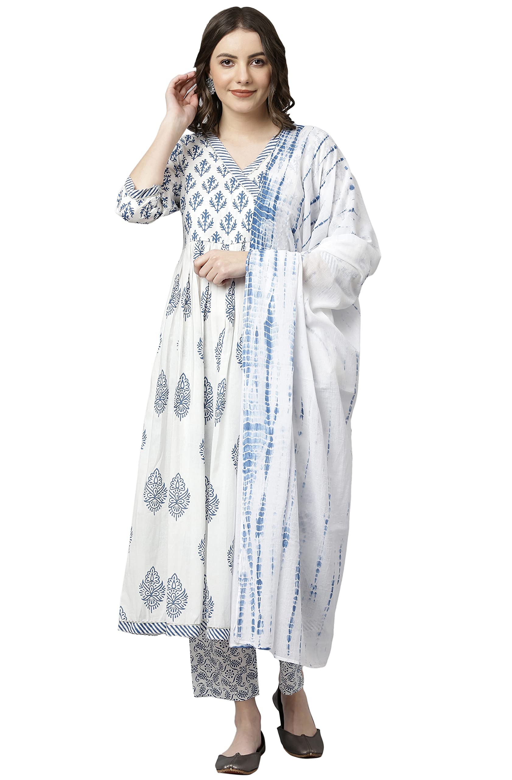 JanasyaIndian Women's White Pure Cotton Block Print Kurta Kurti Top Tunic Festive wear Kurta Set for Women