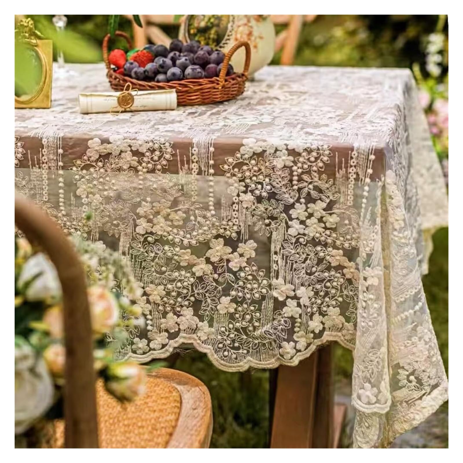 NJIEzhao Embroidered Lace Tablecloth Rustic Lace Tablecloth Rectangle Embroidered Vintage Tablecloths for Wedding Reception Party Dining(Beige,135x240cm)