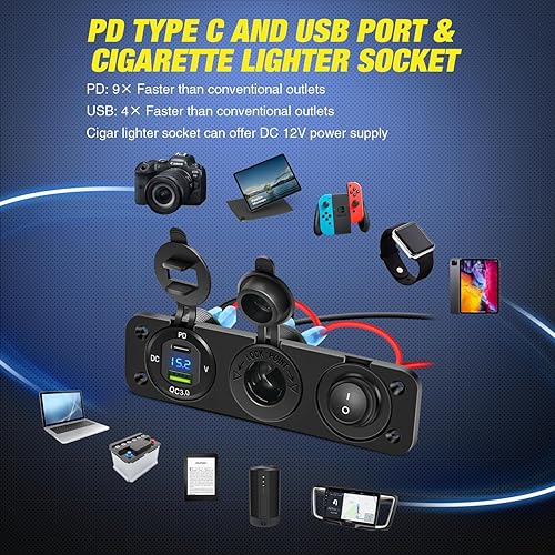 Vista 4 de Nilight 4 in 1 Charger Socket Panel PD Type C and QC 3.0 USB with LED Voltmeter Display and Cigarette Lighter Power Cutoff Switch for Cars Trucks PD