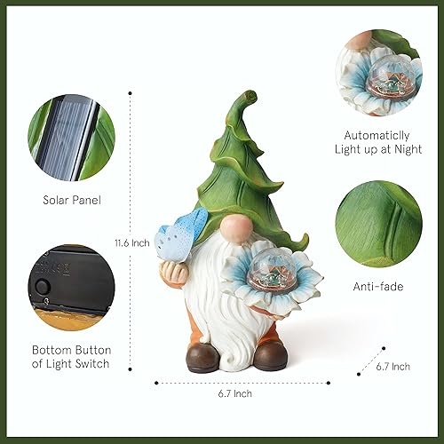 Miniatura 2 de LA JOLIE MUSE Estatuas solares de gnomos solares de 11.6 pulgadas, figura de gnomo de resina con orbe mágico y mariposa con luces solares,