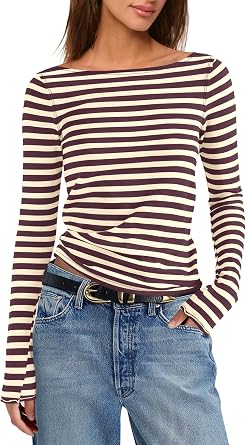 Yanekop Womens Striped Long Sleeve Shirts Fitted Basic Tops Boat Neck Tees