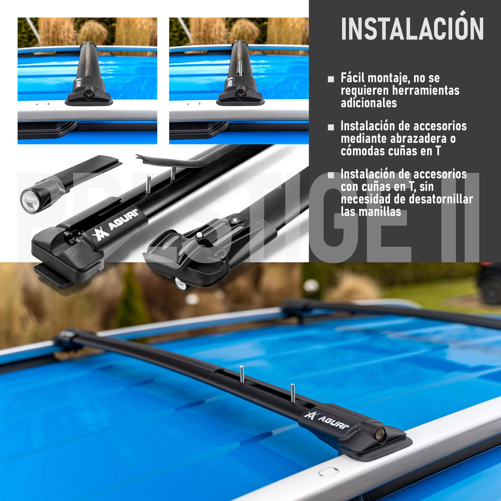 AGURI Prestige II | Compatible con Volkswagen T-Roc 2017+ | Portaequipajes de Techo, Barras de Techo | Destinado a Poner Cofres, Soportes y Escaleras | Construcción Ligera y Resistente de Aluminio