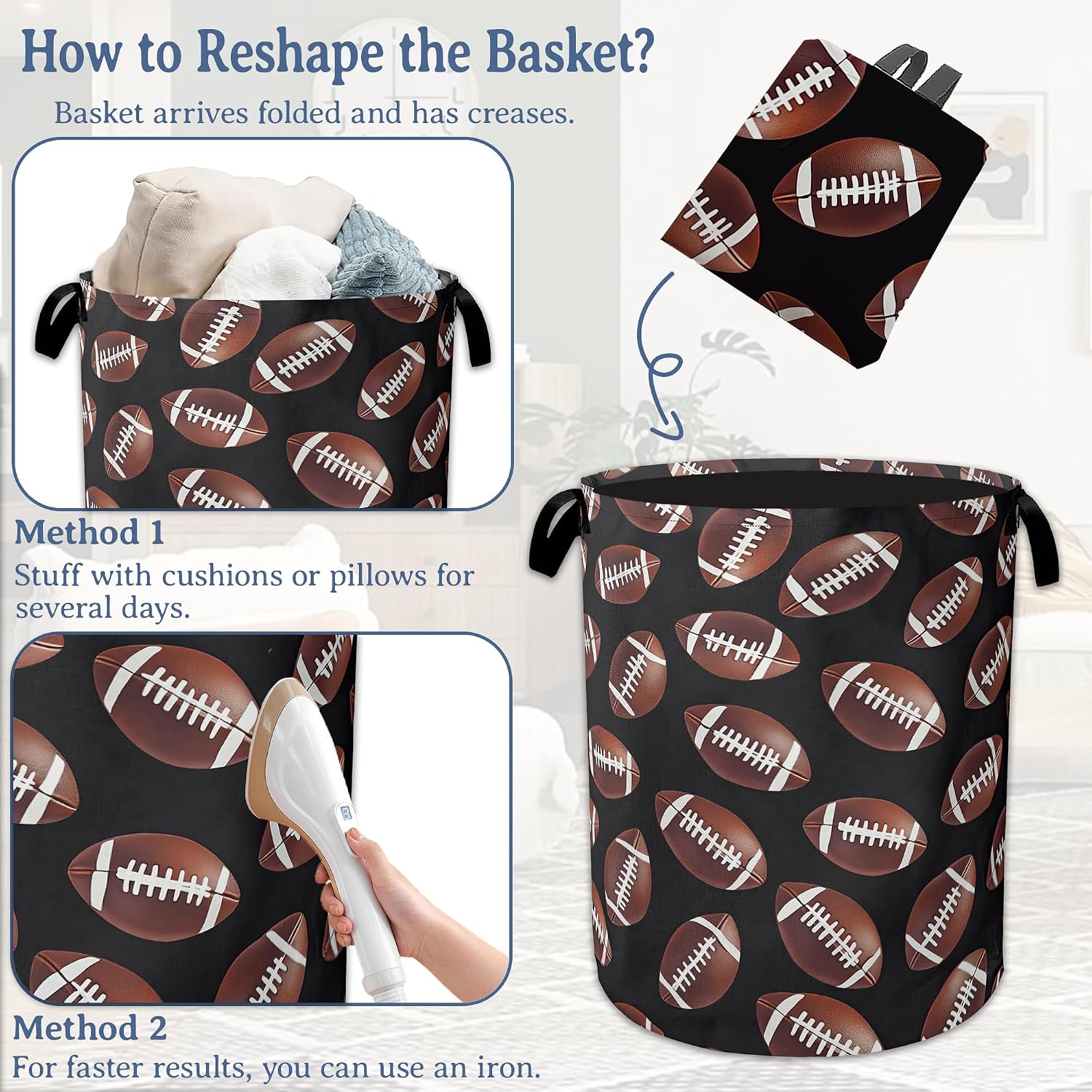 American Football Laundry Basket,Oxford Cloth Laundry Hamper With Handle Foldable Portable Clothes Storage Basket for Laundry Room/Bedroom/Bathroom 20.8"x16"