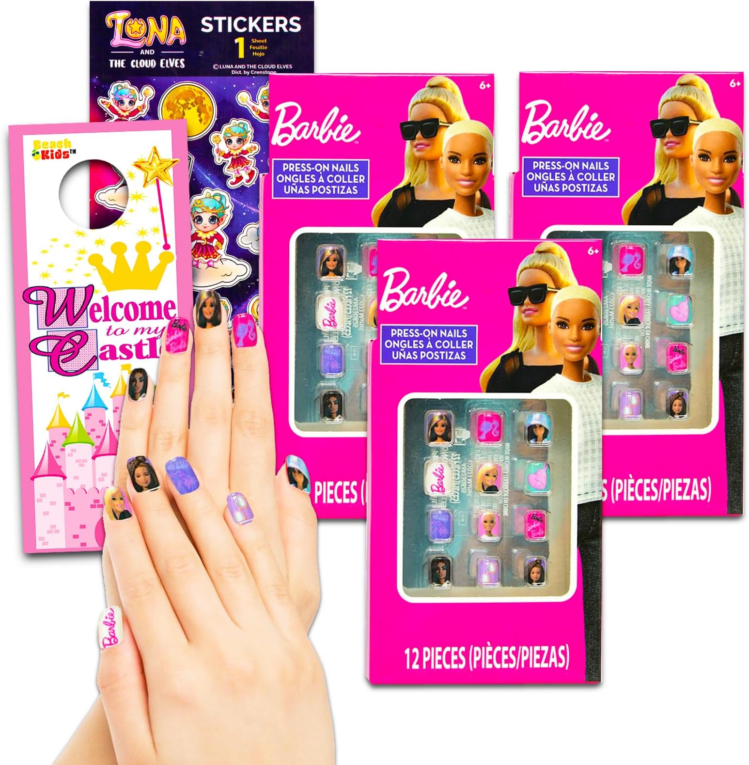 Barbie MattelBarbie Nail Art Stickers Set - 60+ Pc Accessory Bundle with Stick On Nails for Kids, Girls, Birthday Supplies, Goodies, and More, Pikmi Pop Door Hanger