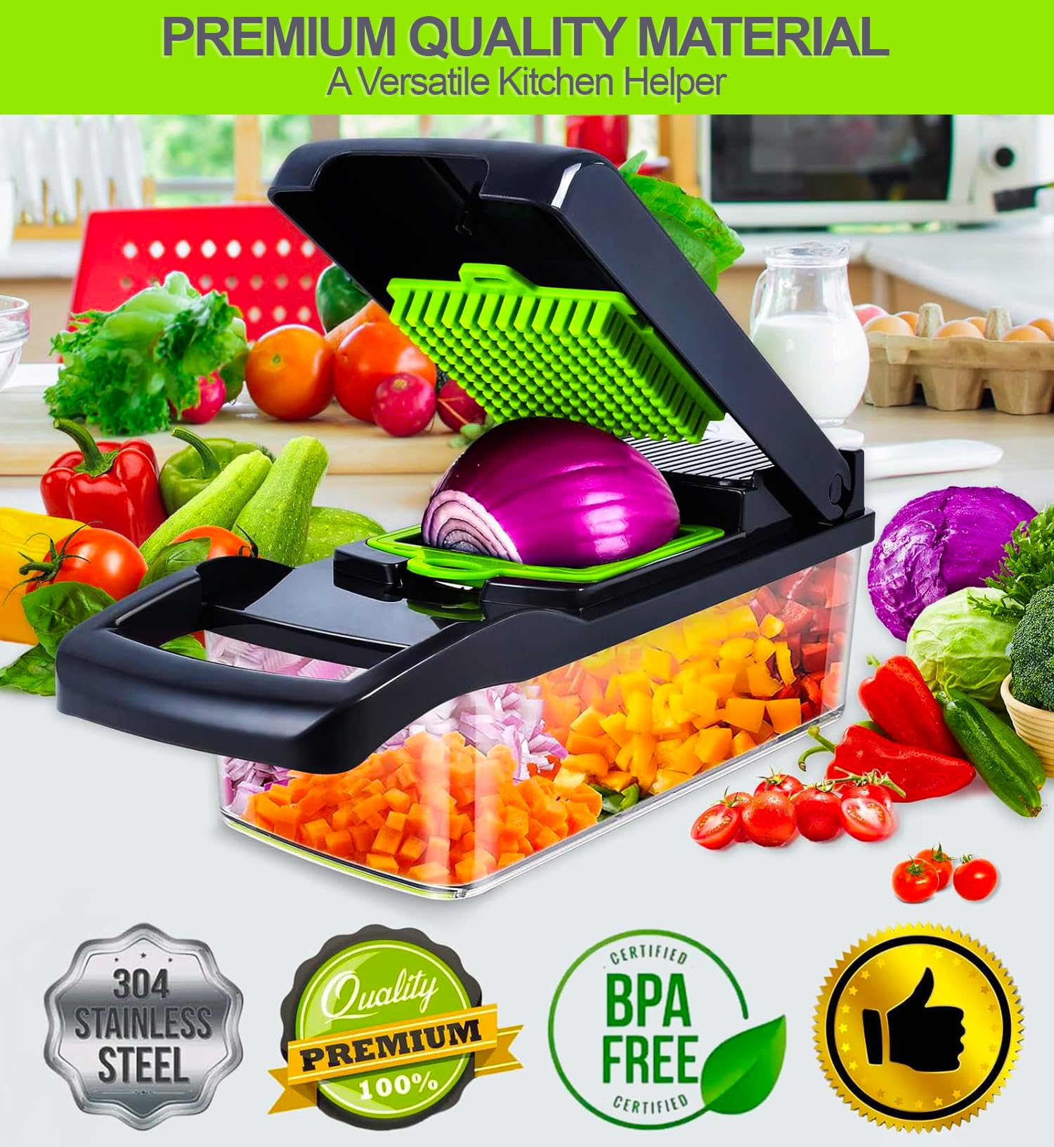 2025 UPGRADE Vegetable Chopper Pro - 14-in-1 BPA-Free Salad Cutter, Onion Dicer, Kitchen Gadget With Safety Guard (Green) - View #6