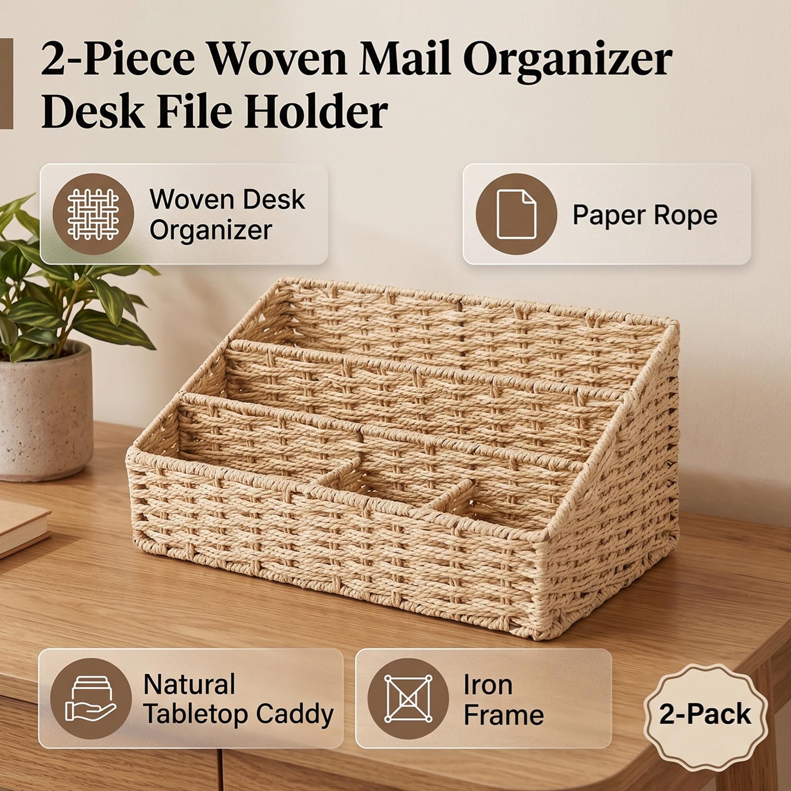 Luocute 2 Stück Gewebter Brief-Organizer, Schreibtisch-Aktenhalter, Papierfaser-Eisenrahmen (Beige)