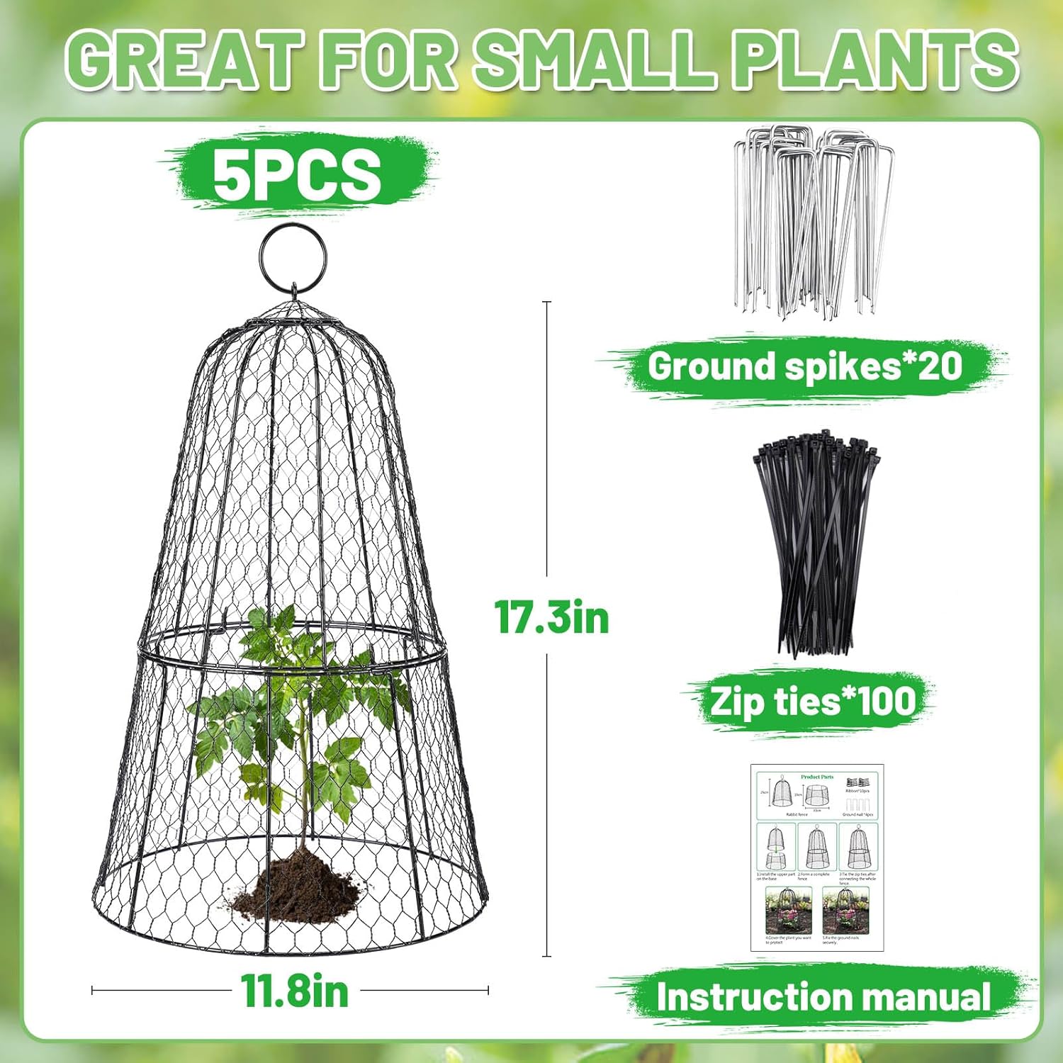 Cloche Plant Protectors from Animals - 17.3"Hx11.8"D Chicken Wire Plant Covers with Removable Flip-Top Design, Rustproof Metal Garden Cloches Keep Rabbits, Squirrels, Deers, Birds Out - 5 Pack