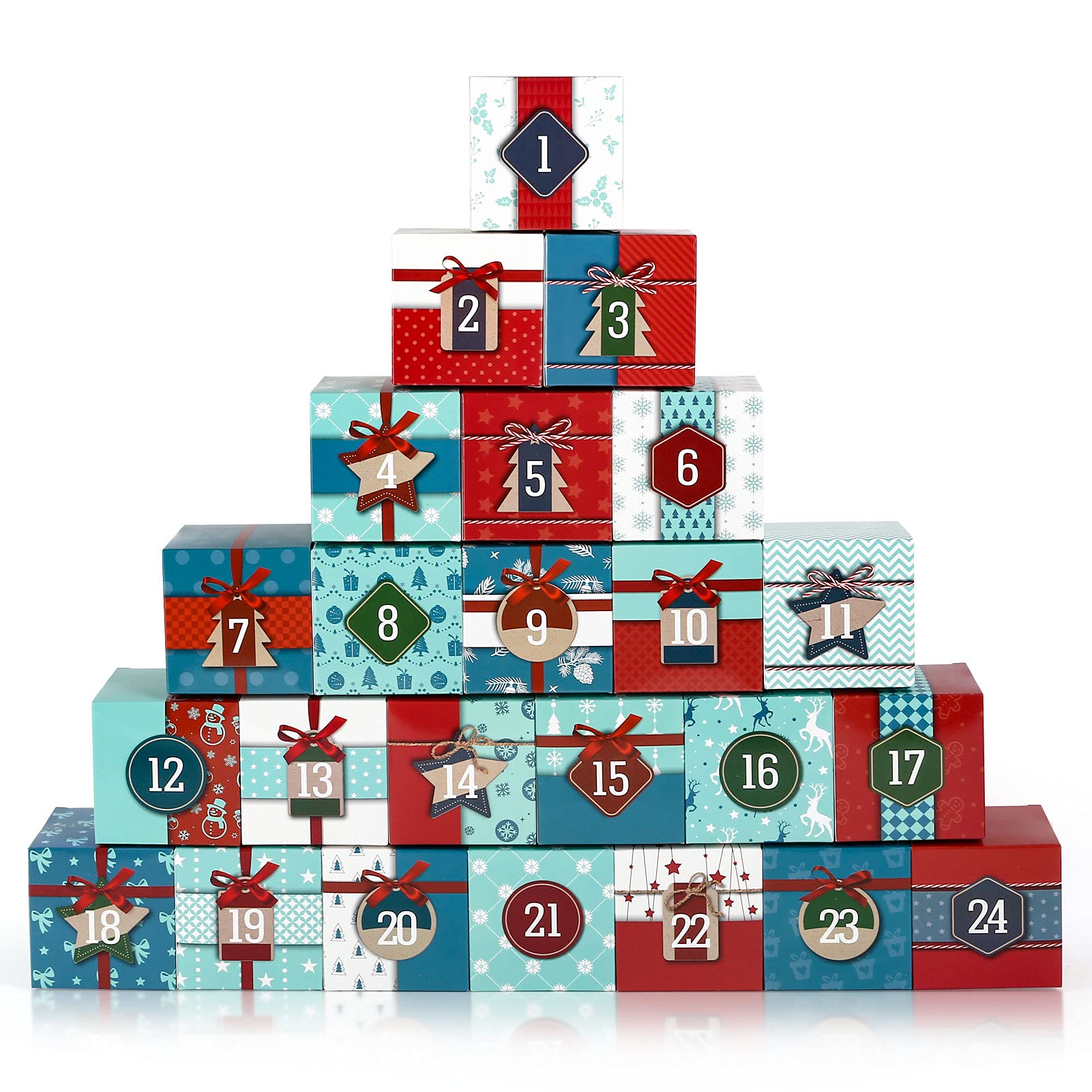 LIHAO Christmas DIY Advent Calendar Boxes to Fill, 24 Days Advent Countdown Gift Boxes with Lids for Presents Jewelry, Christmas Cardboard Number Boxes for Kids Family Xmas Holiday Decoration