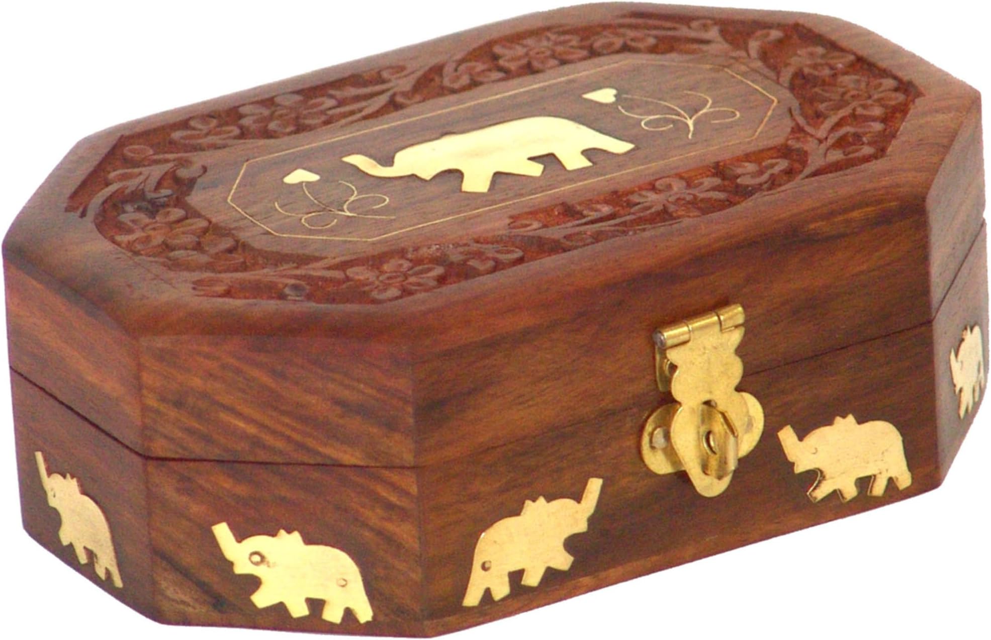Wooden Jewelry Box Octagonal Handcrafted Elephant Brass Inlay & Wood Carvings