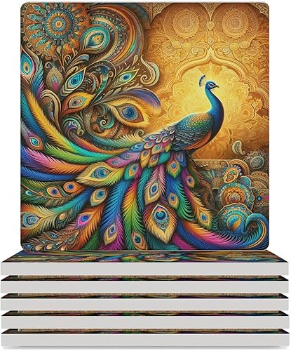 Miniatura 58 de Square-4 posavasos de cerámica de pavo real, posavasos cuadrados absorbentes para bebidas, estilo vintage de acuarela floral, hermosos posavasos