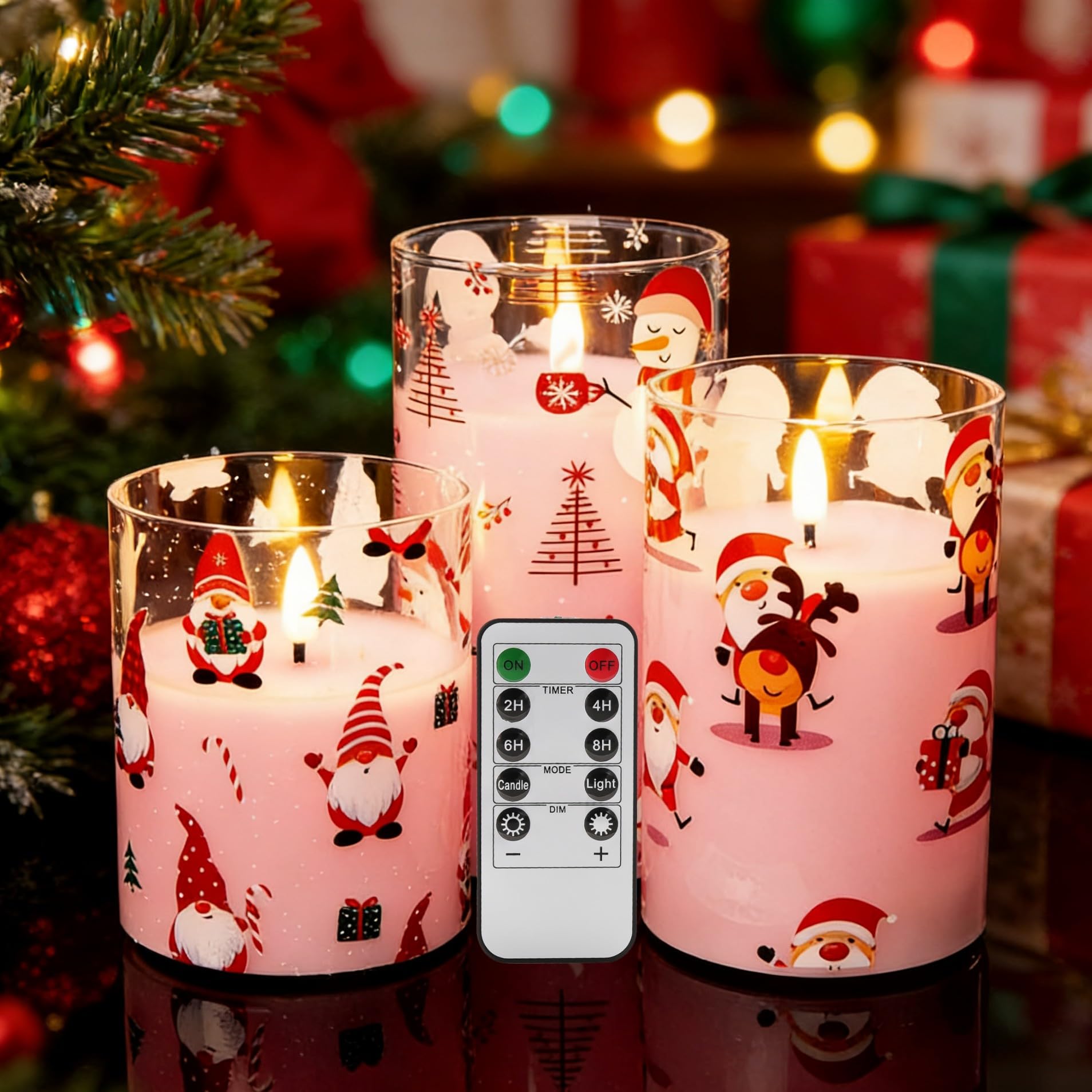 Eywamage Pink Christmas Glass Flameless Candles with Remote, Flickering Snowman Santa Gnomes LED Pillar Candles Set of 3 (CA-EY-MA005-S3-Pink Xmas)