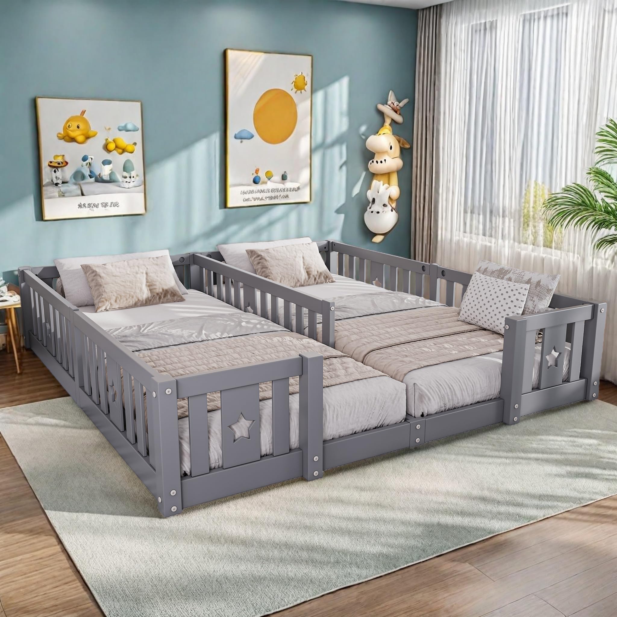 Cama infantil 180x200 cm madera protección anticaídas somier doble juvenil diseño escandinavo gris