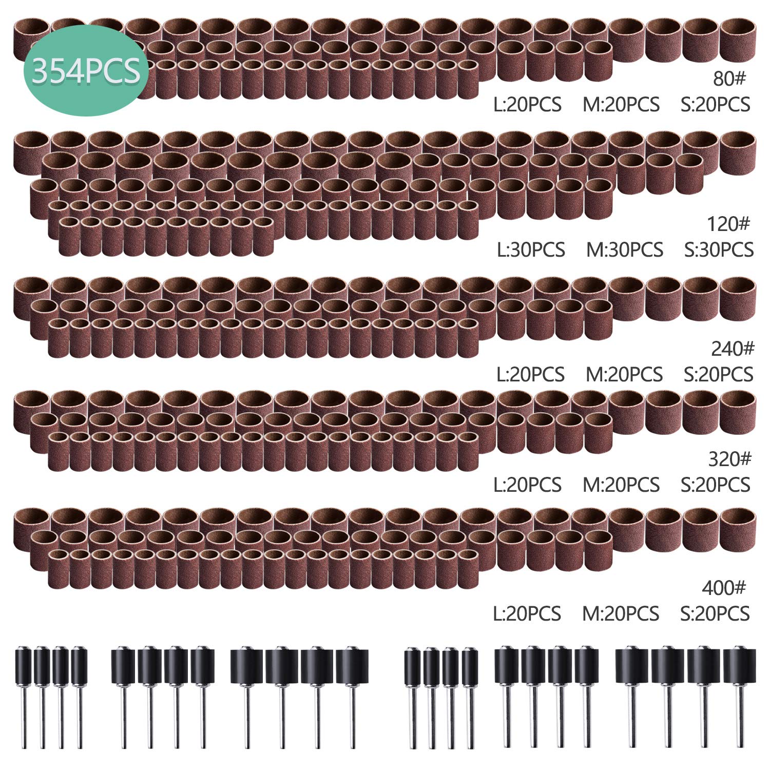 354 Pieces Sanding Drums Sleeves Drum Sander Set 330PCS Nail Sanding Band Sleeves and 24PCS Drum Mandrels