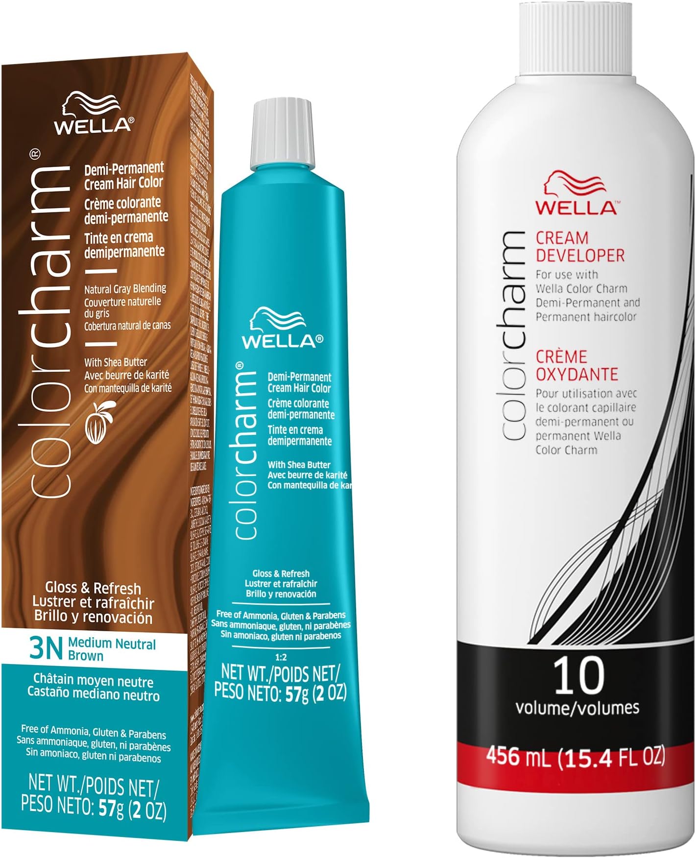 WELLA colorcharm Demi Permanent Hair Color, Adds Gloss & Color Richness, Gray Coverage, 3N Medium Neutral Brown + 10 Vol. Developer