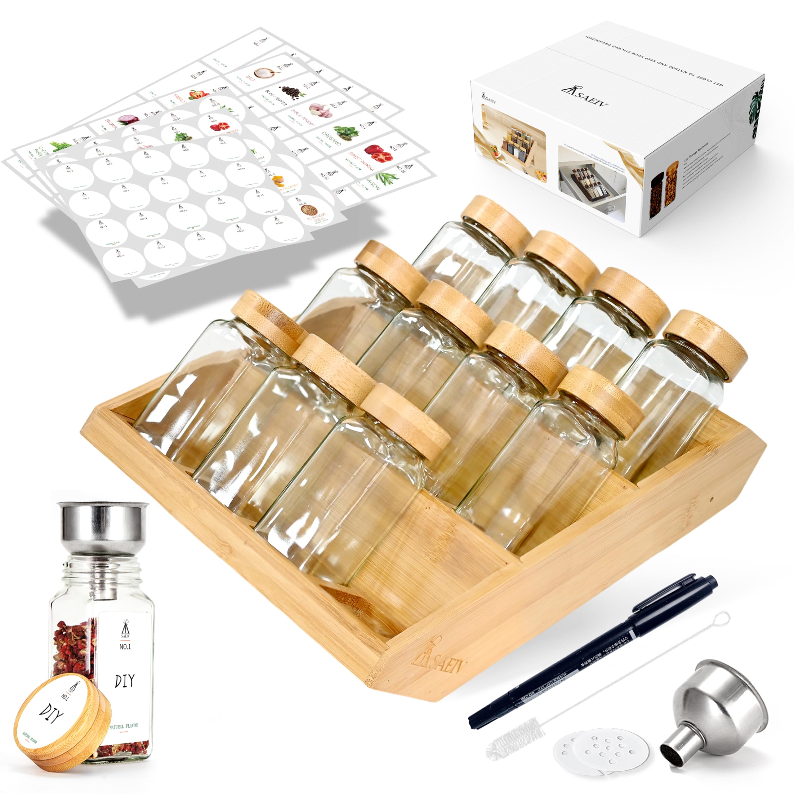 SAEIV 12 Pièces Bocaux Épices en Verre Borosilicaté Sans BPA, Pot à Epices en Verre et Bois Naturel avec Range Epices Cuisine Tiroir, Porte-Épices Étagère à Épices Inclinée Idéal pour Épices Rangement