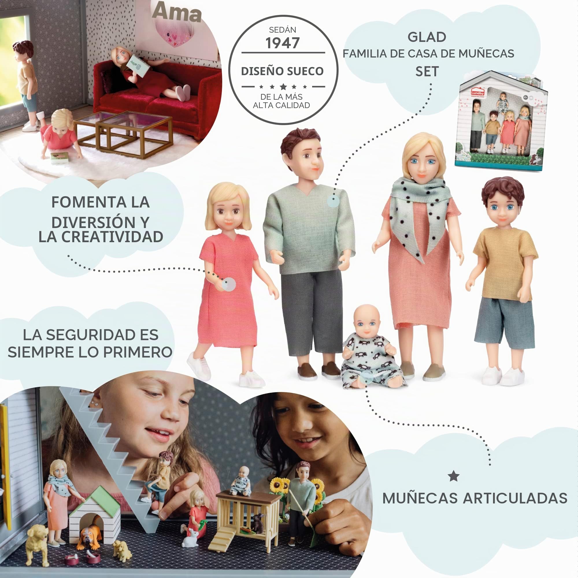Lundby de la Gente de la casa de muñecas – Muñeca de Juguete Charlie Family Set de 5 – 2 Adultos + 3 Niños – Accesorios para de casa de muñecas – Mini muñecas de plástico para niños de 3 años – 1:18